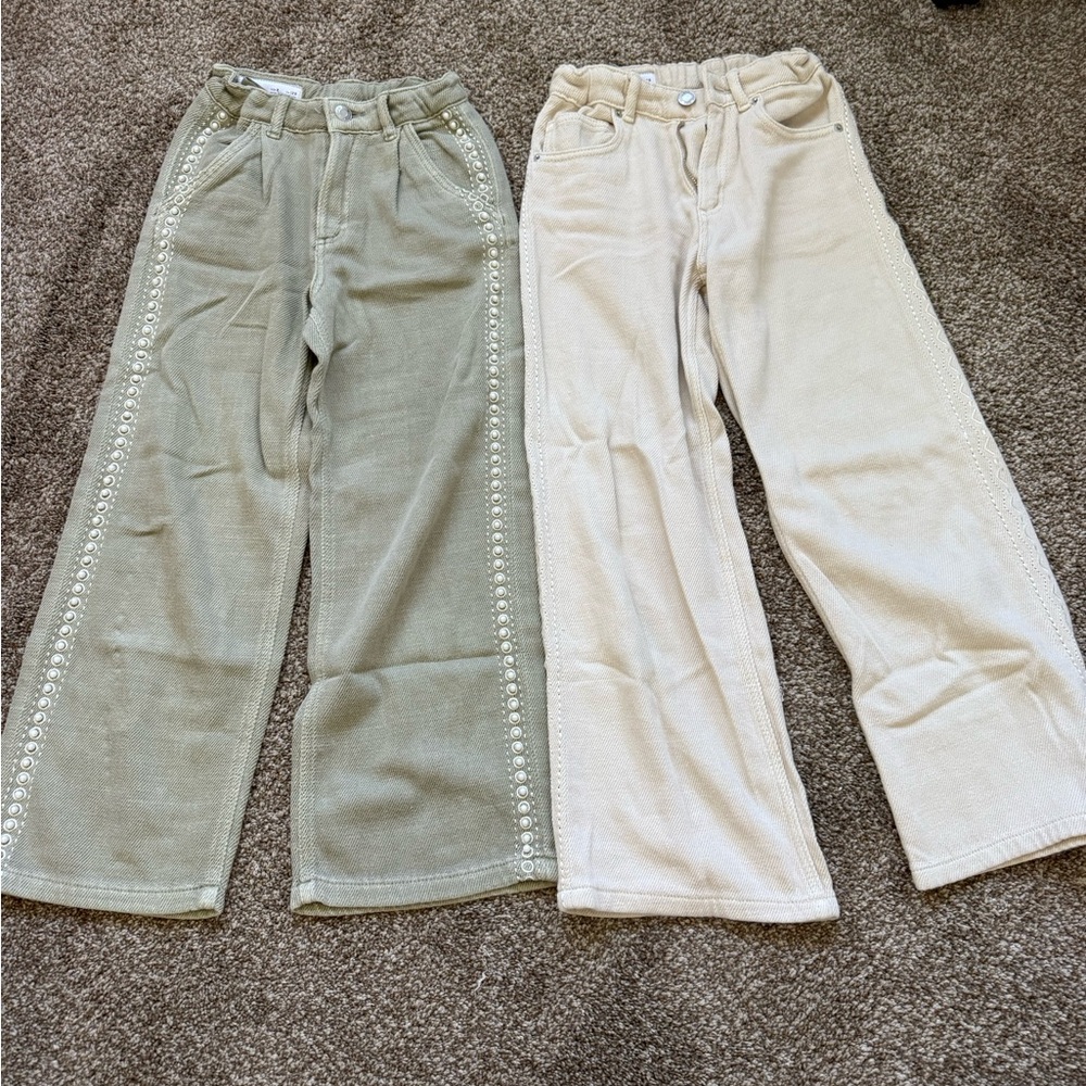 Zara kids jeans Green and Cream size 8 with pearls